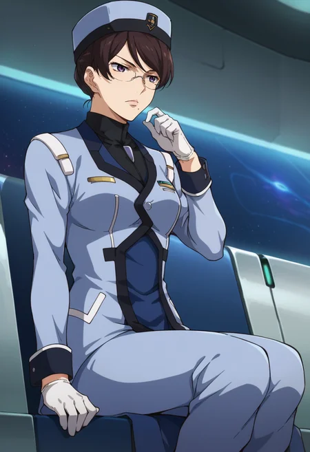 score_9,score_8_up,score_7_up,score_6_up,score_5_up,score_4_up,anime coloring BREAK source_anime,anime,<lora:Kati_Mannequin_Gundam_00_Pony:0.8>,kati,1girl,solo,purple eyes,brown hair,mole under mouth,hair up,single hair bun,glasses,hat,turtleneck,blue jacket,blue pants,white gloves,sitting,indoors,spacecraft,