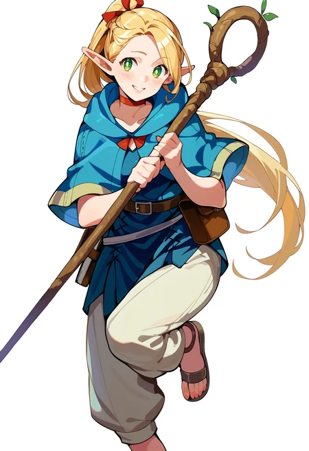 score_9,score_8_up,score_7_up,score_6_up, source_anime,
marcille donato, marcille original outfit, 1girl, pointy ears, solo, elf, long hair, sandals, smile, choker, pouch, dungeon meshi, ponytail, hood, standing on one leg, belt, pants, standing, breasts, hooded capelet, blue capelet, blush, belt pouch,
living staff, holding staff, 
looking at viewer,
white background, simple background, 
masterpiece, best quality, very aesthetic, absurdres
<lora:dungeon_meshi_collection_v23:1>