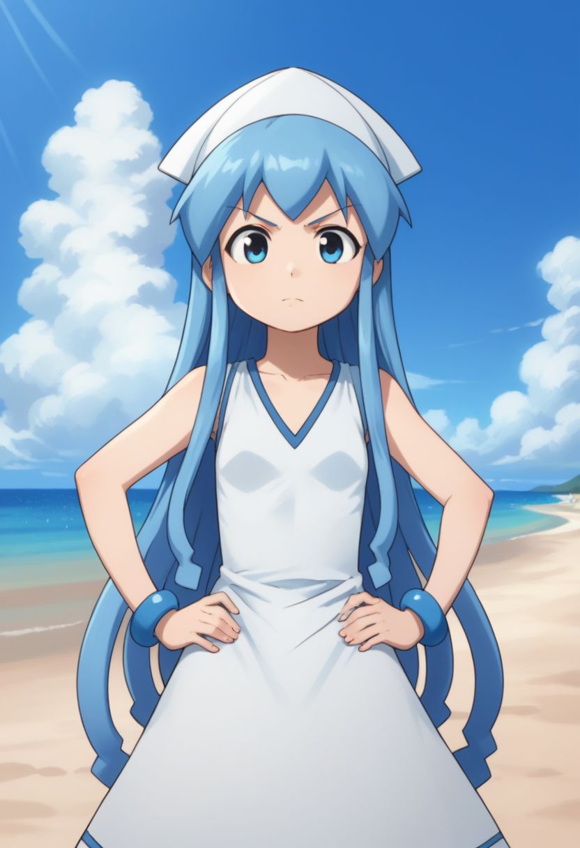 score_9, score_8_up, score_7_up, source_anime, highly detailed, 
ika, 1girl, solo, blue eyes, blue hair, hat, tentacle hair, long hair, hands on hips,
dress, bracelet, jewelry, frow, upper body,
outdoor, beach, sky, cloud,