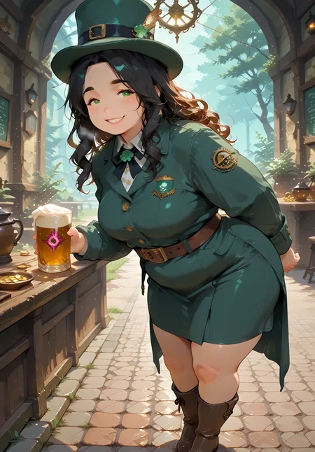 IllusP0s, PonyScores7, source_anime, ah1, IllustriousQual, interesting, exciting, spectacular, wonderful, amazing quality, absolutely eye-catching, 
BREAK <lora:xl_more_art-full_v1:0.2>, <lora:aesthetic_anime_v1s:0.2>, <lora:EpicF4nta5yXL:0.2>, <lora:detailxl:0.2>, detailxl, <lora:Fant5yP0ny:0.2>, amazing quality, best aesthetic, absurdres, illustration, Volumetric_Lighting, ultra-detailed, very aesthetic, intricate details, best_quality, <lora:Add_Details_v1.2:0.4>, <lora:quality_modifiers_masterpieces_v1:0.2>, <lora:ZootPonyAnime_V1_r2:0.2>, <lora:Bestifacator2:0.2>,
BREAK ((A pulsating, crimson energy field forms around the woman, expanding outwards like a living, breathing membrane, Everything within the field is consumed by a growing, fiery inferno, a wave of intense heat that melts and incinerates anything in its path)),
BREAK Stable_Yogis_PDXL_Positives, AS-Adult, <lora:Complicated fantasy portrait - XL Pony V2.0:0.2>, bad-hands-5, <lora:HDA_Detailer:0.3>, <lora:natsumi_style:0.5>, <lora:by_usakun-pony:0.4>, by usakun, <lora:Akina_Bbw_Style_-_PonyXL:0.2>, AkinBw, ((Eye-level angle, (from side), very far from viewer)),
BREAK 1girl, mature female, (curvy), round-chin, caucasian, <lora:ETO_OC_Illustrius:0.5>, eto_oc, skindentation, (plump), thick thighs, wide hips, busty, voluptuous, <lora:venus body PonyXL:0.3>, <lora:shinyskin2:0.2>, glistening skin, HDA_FatGirlXL, round ass, large breasts, <lora:plussizegirls_IL:0.3>, <lora:plussizegirls_pony:0.3>, <lora:perfection style:0.2>, perfection style, perfection, 
BREAK ((<lora:ShamrockWorld_IXL:0.2>, shamrockworld, clover, four-leaf clover, cup, green theme, bow, holding pint of beer, jewelry, <lora:illustrious_Leprechaun:0.2>, illustrious Leprechaun, green hat, belt, brown footwear, green dress, top hat, buttons, gold coins, boots, green headwear, green coat)),
BREAK (curly hair), long hair, (black hair:1.4), (parted hair:1.7), messy hair, kinky curls, <lora:hairdetailpxl:0.2>, hairdetailpxl,
BREAK (half green and brown eyes), (colorful eyes), (multicolored eyes), (downturned eyes:1.4), expressive eyes, <lora:perfect-eyes:0.4> perfecteyes , EyesHD, (round face:1.2), (thick eyebrows:1.3), (plump face), <lora:Round_face:0.2>, lips, <lora:DetailedEyes_xl_bdsqlsz_V1:0.2>, <lora:Eyes_Lora_Pony_Perfect_eyes:0.2>, <lora:focusoneyes:0.2>, <lora:cinematic eye color style illustrious v1:0.2>,
BREAK ((happy expression, smiling at viewer)), <lora:Expressive_H:0.2>, Expressiveh, <lora:Emotional_Anime_Expressions_PonyXL_Concept:0.2>, emotional, <lora:Best_Facial_Expression_LoRA_PONY:0.2>, looking at viewer, <lora:Detailed expressive EXEV style -XL Pony V1.0:0.2>, FaceDetail, <lora:Best_Facial_Expression_Helper_XTREME_ILLU:0.4>, kaogei,
BREAK (((ireland, irish pub))), <lora:Background Detailer - SDXL:0.8>, 4k, 8k, Ultra HD, Masterpiece, Best quality, Detailed background, <lora:Add_more_details_V2_XLpony:0.2>, full_details, <lora:background-type1:0.2>,