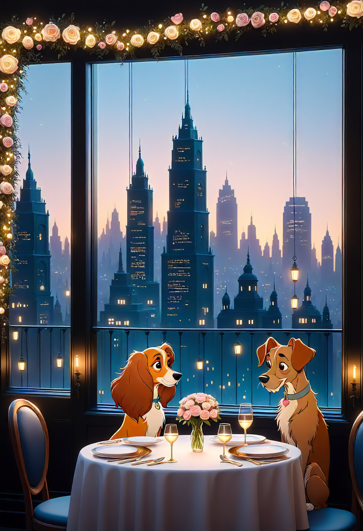 valentines day, minimalist, intimate, flowers, the lady and the tramp, city skyline, elegant dinner at a fancy restaurant, twinkle lights   <lora:released\DonM3t3rn1tyXL-v1.1-000008:0.8>