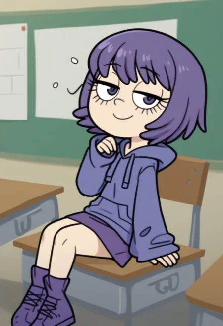 Sh4ri_WYSD, 1 girl, solo, short hair, purple hair, long eyelashes, purple hoodie, purple skirt, purple shoes, sitting on desk, looking at viewer, smiling, sleepy eyes,