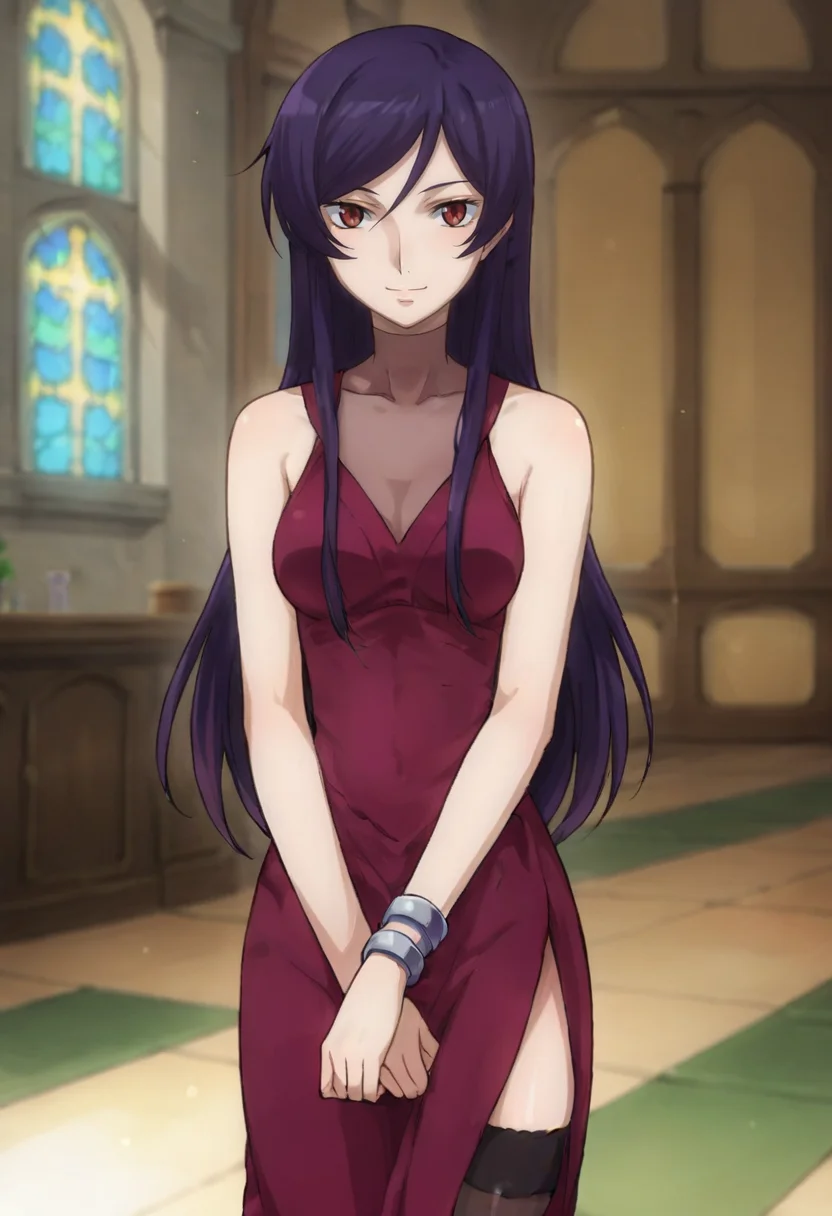 score_9,score_8_up,score_7_up,score_6_up,score_5_up,score_4_up,anime coloring BREAK source_anime,anime,<lora:Tieria_Erde_cross_dressed_Gundam_00_Pony:0.8>,tieriacd,1other,red eyes,purple hair,solo,long hair,crossdressing,bracelet,dress,purple dress,bare shoulders,side slit,thighhighs,smile,arms between legs,standing,looking at viewer,church,
