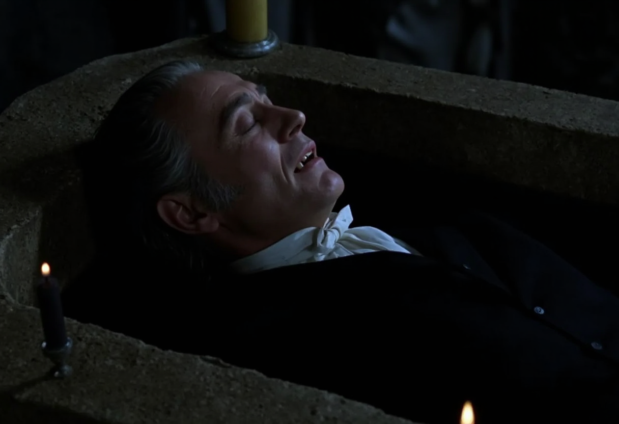 medium shot of a middle-aged aristocratic vampire man lying in a stone sarcophagus asleep with closed eyes, pale skin, showing fangs, grey hair slicked back, dark victorian suit, surrounded by candles, taken from above, low light at night <lora:hammer-000073:1>