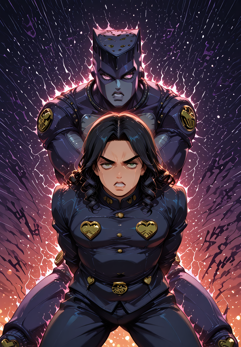 IllusP0s, PonyScores7, source_anime, ah1, IllustriousQual, interesting, exciting, spectacular, wonderful, amazing quality, absolutely eye-catching, very awa, <lora:black_marble_detail_enhancer:0.2>,  SimplePositiveXLv3,
BREAK <lora:xl_more_art-full_v1:0.2>, <lora:aesthetic_anime_v1s:0.2>, <lora:EpicF4nta5yXL:0.2>, <lora:detailxl:0.2>, detailxl, <lora:Fant5yP0ny:0.2>, amazing quality, best aesthetic, absurdres, illustration, Volumetric_Lighting, ultra-detailed, very aesthetic, intricate details, best_quality, lazympos, <lora:Add_Details_v1.2:0.4>, <lora:quality_modifiers_masterpieces_v1:0.2>, <lora:ZootPonyAnime_V1_r2:0.2>, <lora:Bestifacator2:0.2>, anime style, Stable_Yogis_PDXL_Positives, AS-Adult, <lora:Complicated fantasy portrait - XL Pony V2.0:0.2>,  <lora:HDA_Detailer_v1.2_r1:0.3>, <lora:natsumi_style:0.2>, <lora:by_usakun-pony:0.2>, by usakun, <lora:Akina_Bbw_Style_-_PonyXL:0.2>, AkinBw,
BREAK (((<lora:JoJo_Poses_for_Illustrious:0.7>, <lora:shiJojoStandV2:0.2>,  (((shijojostand, stand \(jojo\), 1other,  JoJo pose, background with sound noises, onomatopoeia "ã´ã´ã´", stand \(jojo\) behind girl, menacing \(jojo\), ethereal_aura, front_sparkles, twinkling_lights, bokeh, glowing_particles, menacing, aura))), <lora:Become_a_stand_User_v2_Jojos_bizarre_adventure:0.2>))), <lora:DynamicPoseIL2att_alpha1.0_rank4_noxattn_900steps:0.2>, dynamic pose, <lora:dynamic_anime_art_illustriousXL:0.2>, dynamic_anime_art,
BREAK 1girl, mature female, (curvy), round-chin, caucasian, <lora:ETO_OC_Illustrius:0.5>, eto_oc, <lora:skindentation:0.2>, skindentationILL, skindentation, (plump), thick thighs, wide hips, busty, voluptuous, <lora:plussizegirls_IL:0.3>, <lora:plussizegirls_pony:0.3>, <lora:Venus body IXLS3_alpha16.0_rank32_full_last:0.3>, <lora:shinyskin2:0.2>, glistening skin, HDA_FatGirlXL, round ass, gigantic breasts, fair skin, <lora:perfection style:0.2>, perfection style, perfection, 
BREAK ((jagged wings adorned with jagged spikes and veined with eerie patterns)),
BREAK (curly hair), long hair, (black hair:1.4), (parted hair:1.7), messy hair, kinky curls, <lora:hairdetailpxl:0.2>, hairdetailpxl,
BREAK (half green and brown eyes), (colorful eyes), (multicolored eyes), (downturned eyes:1.4), expressive eyes, <lora:perfect-eyes:0.4>, perfecteyes, <lora:eye:0.3>, HDeyes, detailed eyes, (round face:1.2), (thick eyebrows:1.3), (plump face), <lora:Round_face:0.2>, lips, <lora:Eyes_V1:0.8>, iris lines, <lora:DetailedEyes_xl_bdsqlsz_V1:0.2>, <lora:Eyes_Lora_Pony_Perfect_eyes:0.2>,
BREAK (((grimace, Loathing expression))), <lora:Expressive_H:0.2>, Expressiveh, <lora:Emotional_Anime_Expressions_PonyXL_Concept:0.2>, emotional, <lora:Best_Facial_Expression_LoRA_PONY:0.2>, looking at viewer, <lora:Detailed expressive EXEV style -XL Pony V1.0:0.2>, FaceDetail, <lora:Best_Facial_Expression_Helper_XTREME_ILLU:0.4>, kaogei,
BREAK (((Rose background with large orange rectangles overlapping each other))), (((macro shot))), <lora:Background Detailer - SDXL:0.2>, 4k, 8k, Ultra HD, Masterpiece, Best quality, Detailed background, foreshortening, extreme perspective, <lora:Add_more_details_V2_XLpony:0.2>, full_details, <lora:background-type1:0.2>, <lora:AddMicroDetails_Illustrious_v4:0.3>, addmicrodetails, SmoothNoob_Quality, <lora:ani40o_stabilizer_v0.6:0.3>,