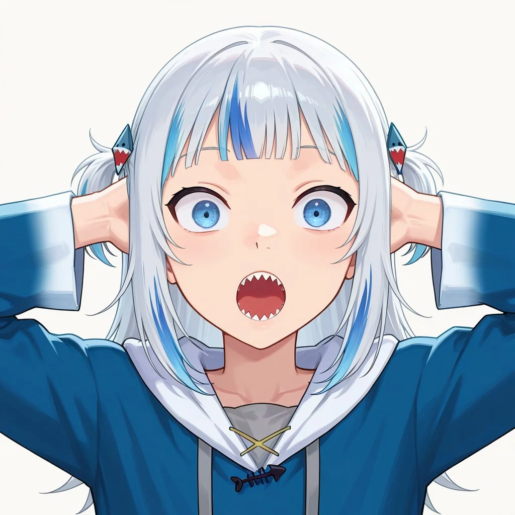 sh0cked, gawr gura, wide-eyed, arms behind head, hands on own head, open mouth, looking at viewer, upper body,