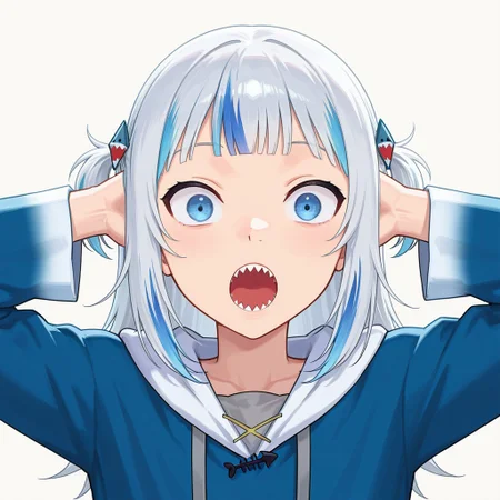 sh0cked, gawr gura, wide-eyed, arms behind head, hands on own head, open mouth, looking at viewer, upper body,