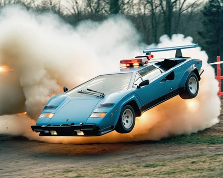 analog film photo car rally magazine photograph of a (police Lamborghini Countach:1.4) (((rally car))) jumping, big air time, rally jump, action motion blur dust LP5000 <lora:add-detail-xl:2> <lora:LP5000-SDXL-V1.2:1>, (police lights on the roof, searchlights on roof:1.3) . faded film, desaturated, 35mm photo, grainy, vignette, vintage, Kodachrome, Lomography, stained, highly detailed, found footage