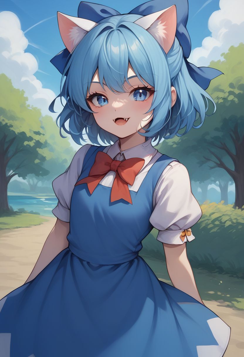 score_9, score_8_up, source_anime, highly detailed, 
cirno, 1girl, solo, blue eyes, blue hair, short sleeves, bow, blue bow, blue dress, puffy sleeves, puffy short sleeves, cat ears, fangs, 
outdoor,
