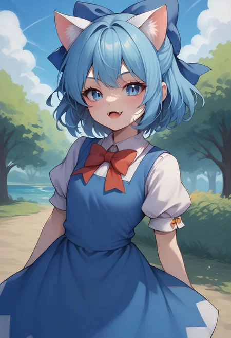 score_9, score_8_up, source_anime, highly detailed, 
cirno, 1girl, solo, blue eyes, blue hair, short sleeves, bow, blue bow, blue dress, puffy sleeves, puffy short sleeves, cat ears, fangs, 
outdoor,