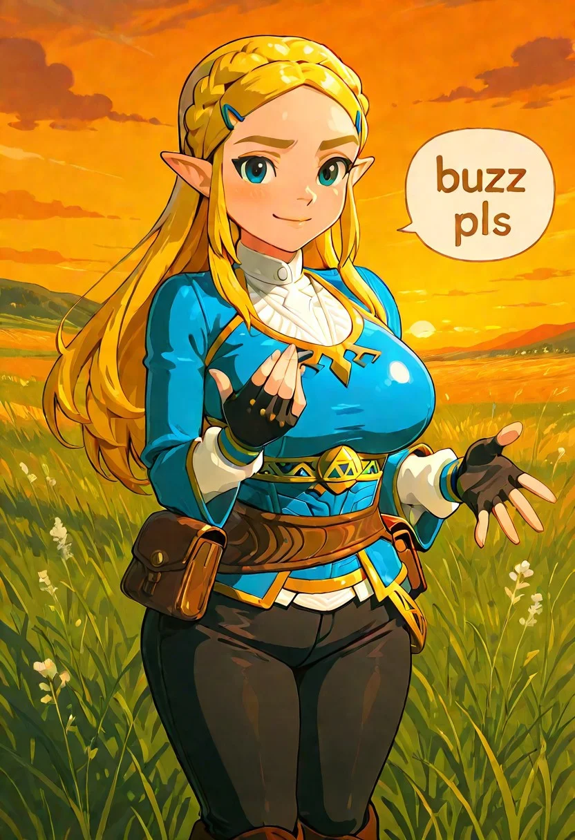 Smooth_Quality, safepos, sfw, Erotic_style, anime_coloring, anime_screencap, 1girl, solo, cowboy shot, <lora:Zelda-IL-v2-07:0.8>, ChopioZelda, blonde hair, pointy ears, big breasts, big butt, busty, curvy, curvaceous, voluptuous, perfect eyes, perfect hands, five fingers, perfect hair, perfect anatomy, perfect body, long hair, crown braid, sidelocks, parted bangs, hairclip, outfit_1, blue crop top, gold trim, white undershirt, breastplate, layered sleeves, brown sash, black gloves, fingerless gloves, black pants, knee boots, brown footwear, pouch, looking at viewer, smiling, closed mouth smile, softly blushing, pinup pose, legs together, buzz pls, speech bubble, dynamic pose, outdoors, field, sunset, grass meadow, detailed background, highly detailed, highres, high quality, best quality, amazing quality, illustration, perfect composition, absurdres, 16k, 4k, intricate details, score_9
