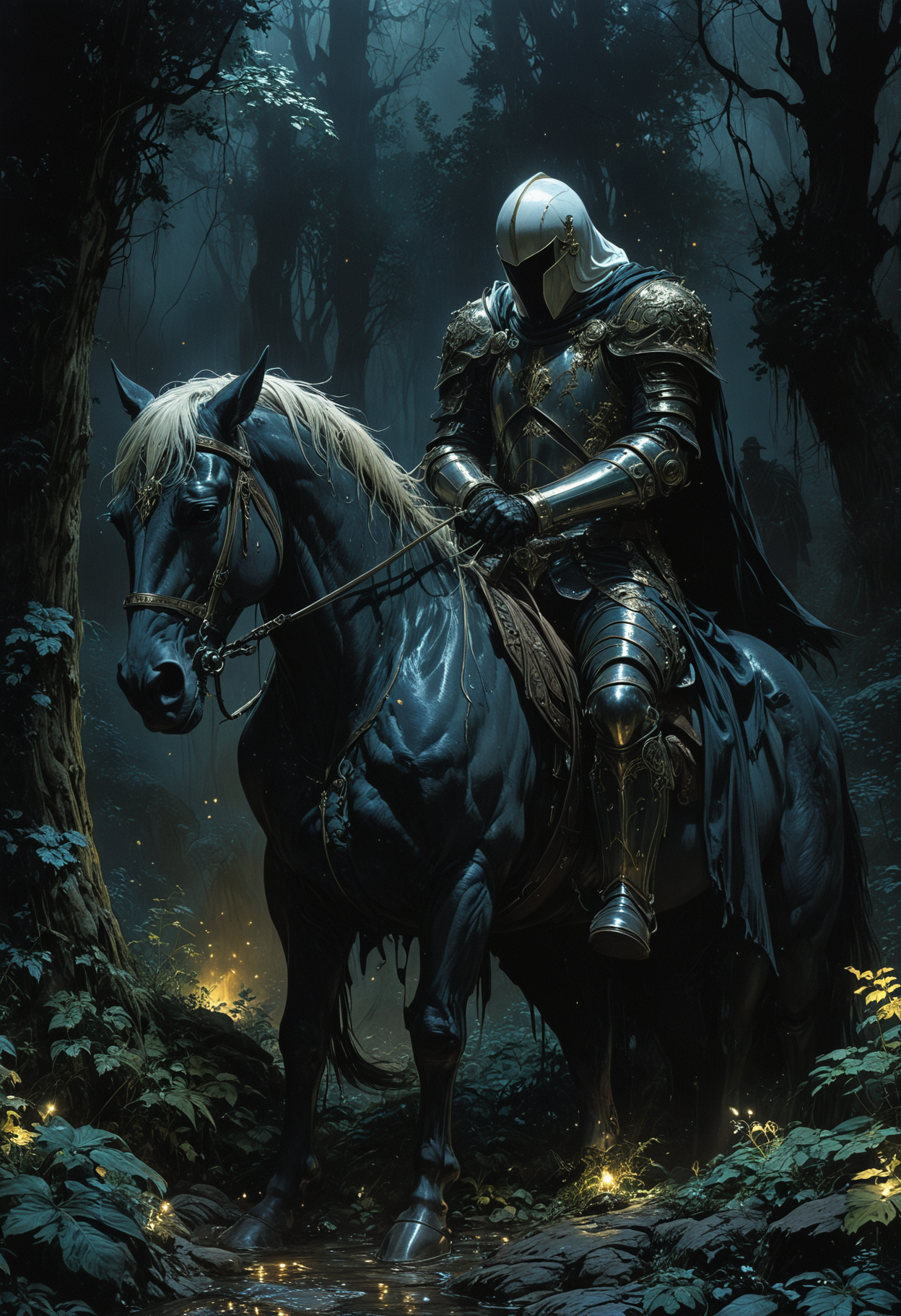 Modern fantasy masterpiece of a wounded knight slumped over on his horse, in a night forest, in the style of Barry Windor-Smith and Bernie Wrightson and Charles Vess and Jorge Segrelles and Sergio Toppi  <lora:SDXLFaeTastic2400:0.4>
  <lora:Vivid Midjourney mimic - XL SDXL v2.0:0.5>  <lora:detailed_notrigger:0.6> <lora:zavy-cntrst-sdxl:0.7>