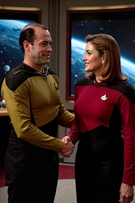 A hyper-realistic portrait, photorealistic photo close-up image of A sharp photograph featuring a man in a yellow TNGS1 uniform shaking hands with a woman in a red TNGS1 uniform. The man, dressed in the distinctive yellow of the command division, and the woman, wearing the red of the engineering division, are set against a futuristic, starship interior backdrop. The scene is illuminated by the soft, ambient lights of the starship, casting a warm glow on their uniforms. Both individuals exhibit friendly, confident smiles, with their uniforms perfectly detailed and reflecting the sleek, high-tech design of the Star Trek universe. The background features a panoramic view of space through the starship’s large windows, adding depth and context to the iconic moment of camaraderie and collaboration. (photography, high-resolution, dynamic, energetic,hyper-realistic, dramatic lighting, shallow depth of field.), detailmaximizer, MythP0rt<lora:midjourney_whisper_flux_lora_v01:0.55><lora:aidmaMJ6.1-FLUX-V0.1:0.4><lora:FluxMythP0rtr4itStyle:0.4><lora:detailed_flux_ntc:2.2><lora:aidmaImageUpgrader-FLUX-V0.1:0.65><lora:TNGS1_FLUX:1.2>