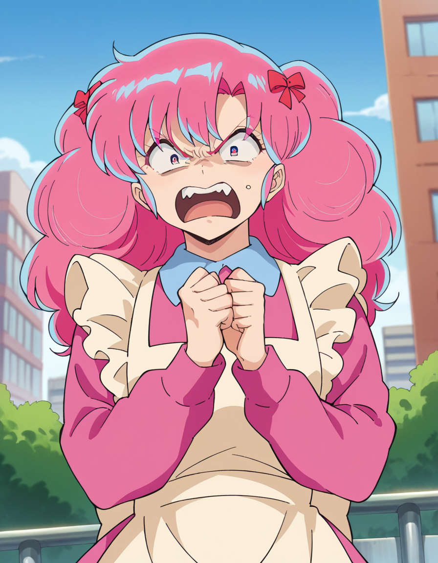 score_9, score_8_up, score_7_up, source_anime,
uruseiyatsuraran, <lora:urusei-ran-ponyxl-lora-nochekaiser:1>,
ran, long hair, bangs, pink hair, bow, hair bow, red bow, pink eyes, angry, anger vein, shouting, open mouth,
long sleeves, apron, white apron, shirt, pink shirt, frills, long sleeves,
outdoors, cityscape,
looking at viewer, cowboy shot, dutch angle,
