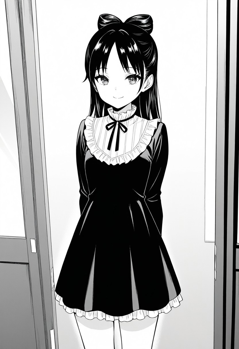 (absurdres, best quality, masterpiece:1.4), amazing quality, highres, newest, detailed, detailed body, detailed face, beautiful, petite,  monochrome, greyscale,
BREAK
WWNemu, 1girl, solo, standing, smile, NemuMang, manga illustration, bow-shaped hair, parted bangs, half updo, dress, frill collar, neck ribbon