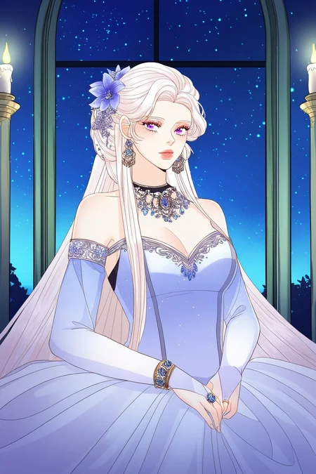 <lora:Remarried_Empress:1>, Remarried Empress, eyelashes, 1girl, jewelry, dress, solo, long hair, purple eyes, hair ornament, breasts, earrings, hair flower, flower, night, cleavage, white hair, looking at viewer, window, sitting, bare shoulders, indoors, gem, ring, night sky, candle, detached sleeves, sky, medium breasts, star \(sky\), lips, see-through, bridal gauntlets, white dress