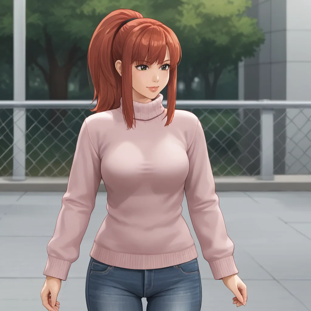 <lora:karinshadowheart_pony_v1:.8>KarinShadowHeart, 1girl, red hair, ponytail, cowboy shot, sweater, jeans