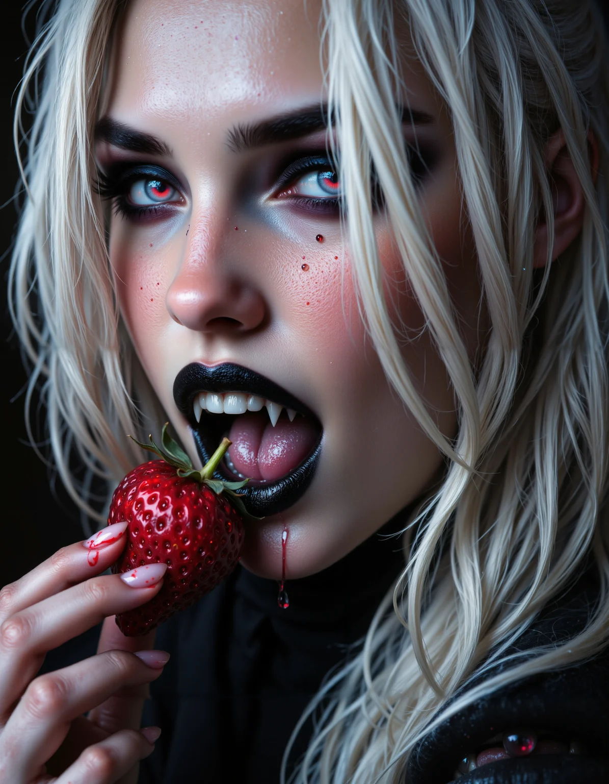 Masterpiece, high detail, extreme closeup portrait of a beautiful vampire woman with piercing red eyes. She has long silver hair, dark, smoky eyeshadow that enhances her piercing gaze, and blood-red lips slightly parted to reveal sharp fangs as she bites into a crimson strawberry dripping with blood. Her expression is seductive and erotic, drawing the viewer in with an intense, direct gaze. Her tongue is glistening wet with saliva
The composition highlights her side profile, emphasizing the curve of her jaw, her cute nose and the delicate details of her features. The dark background contrasts with the luminous tones of her skin and hair, enhancing the blood droplets glistening on the strawberry. Hyperdetailed concept art with HD8K resolution, designed for a high-definition wallpaper. The atmosphere is alluring and mysterious, capturing her sensual and predatory essence.
<lora:FluxF4ngs:0.85> fangs <lora:aidmaFLUXpro1.1light-FLUX-V0.1:1> aidmafluxpro1.1 <lora:fluxenhancer:0.25>