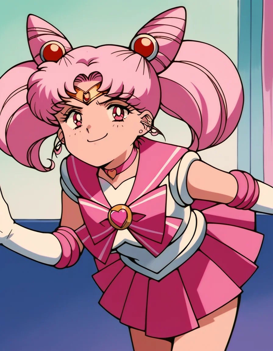 score_9, score_8_up, score_7_up, source_anime, <lora:chibiusa-tsukino-s3-ponyxl-lora-nochekaiser:1>, chibiusa, cone hair bun, double bun, hair bun, hair ornament, pink eyes, pink hair, short hair, twintails, circlet, parted bangs,, bow, brooch, choker, earrings, elbow gloves, gloves, heart, heart brooch, magical girl, pink bow, pink choker, pink sailor collar, pink skirt, pleated skirt, sailor collar, sailor senshi uniform, skirt, stud earrings, white gloves,, indoors, bent over, smile, smug, looking at viewer, solo,, cowboy shot, dutch angle