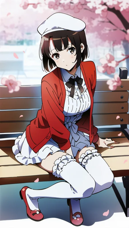 score_9,score_8_up,score_7_up,
<lora:megumikato:0.9>,
megumikato,
realistic,
1girl,solo,black hair,bangs,short hair,brown eyes,looking at viewer,white beret,red cardigan,white blouse,black bow tie,white waist ribbon,white layered ruffle skirt,white thigh socks with trim,red round toe shoes,
full body,face focus,leaning forward,
sitting,on bench,
blurry background,vignetting,bloom,lens flare,light particles,cherry blossoms,