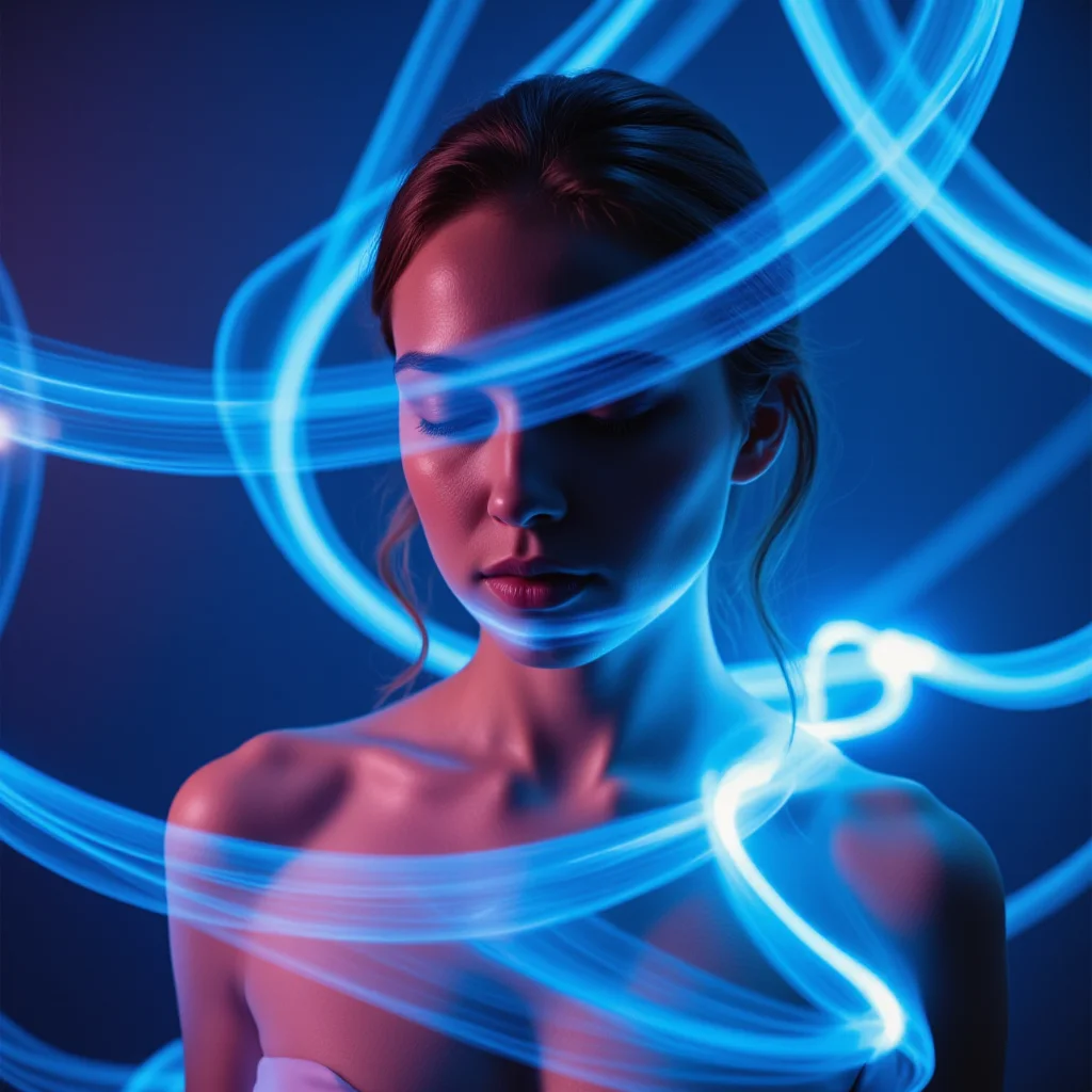 Abstract photography mode, ethereal lighting, contemporary surreal style, dreamlike portrait, Rating SFW, {a young woman with closed eyes and a serene expression, enveloped in swirling trails of blue light, deep blue and soft pink color palette}
