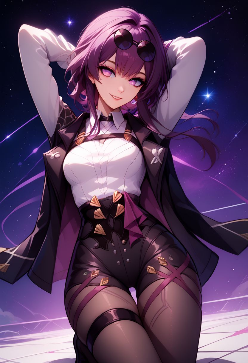 score_9, score_8_up, score_8, medium breasts, (curvy), cute, eyelashes,  rating_safe,
BREAK, 
zzKafka, purple_hair, purple_eyes, sunglasses, eyewear on head, harness, black jacket, white shirt, collared shirt, long sleeves, white sleeves, purple gloves, black shorts, thigh strap, pantyhose,
kneeling, arms behind head, 
smile, head tilt, 
BREAK, 
dynamic angle, stars, floating, colorful, spaceship, technological,
zPDXL,