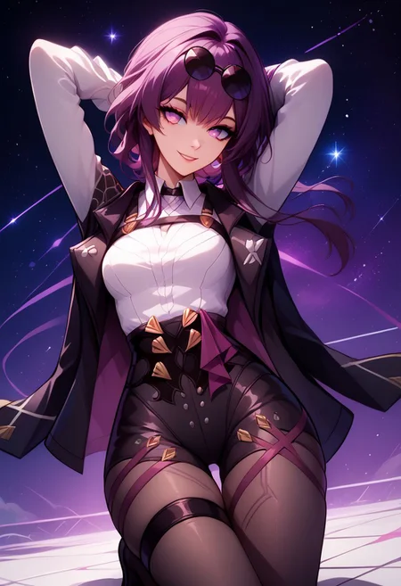 score_9, score_8_up, score_8, medium breasts, (curvy), cute, eyelashes, rating_safe,
BREAK,
zzKafka, purple_hair, purple_eyes, sunglasses, eyewear on head, harness, black jacket, white shirt, collared shirt, long sleeves, white sleeves, purple gloves, black shorts, thigh strap, pantyhose,
kneeling, arms behind head,
smile, head tilt,
BREAK,
dynamic angle, stars, floating, colorful, spaceship, technological,
zPDXL,