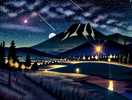 <lora:EdobBoondocksArtStyle_v2.0:0.75> , edobboondocksartstyle, <lora:tbh212-:0.3> tbh212, <lora:Dark_Tarot:0.65>, solo, moon, landscape, scenery, night sky, outdoors, star \(sky\), <lora:LCM_SD15:1.0>