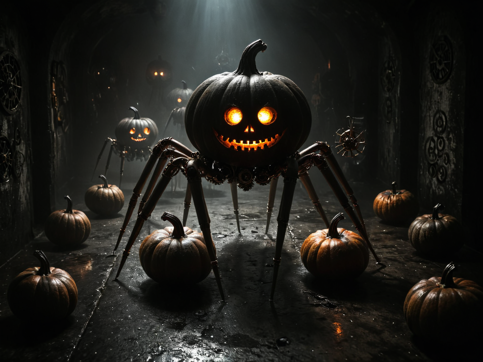 (wide angle photography:1.2), (whole body:1.5), shot, (full body photo:1.1), realistic analog photo,dark, darkness,
steampunk, scary arachnoid punpkins, multiple small metal pumpkins with glowing eyes, mounted on (metal arachnoid legs:1.2), steam punk style, crawling around in a dark cave,steampunk, gears,steampunknoireai,
epic realistic, faded, ((neutral colors)), art, (hdr:1.5), (muted colors:1.2), hyperdetailed, (artstation:1.5), cinematic, warm lights, dramatic light, (intricate details:1.1), complex background, (rutkowski:0.8), by Blizzard entertainment
, (mysterious atmosphere:1.1), (low luminosity:1.2), in the dark, obscurity, (mist:1.3), lot of candy on floor, candies on the floor,
, realistic, depth of field, highres, 4k, 8k, intricate detail, amazing quality, wallpaper, <lora:RMSDXL_Enhance:1>,  <lora:dark:0.4> <lora:RMSDXL_Darkness_Cinema:1> <lora:Into_Darkness:0.8><lora:sdxl_cyberpunk:0.5> <lora:steampunk_xl_v2:1.2> <lora:SteamPunkNoireAI:0.5> <lora:steampunkXL:0.5>, realistic skin texture, detailed skin pores, skin hair, skin looks real, hi rez skin details
