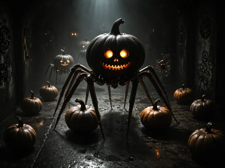 (wide angle photography:1.2), (whole body:1.5), shot, (full body photo:1.1), realistic analog photo,dark, darkness,
steampunk, scary arachnoid punpkins, multiple small metal pumpkins with glowing eyes, mounted on (metal arachnoid legs:1.2), steam punk style, crawling around in a dark cave,steampunk, gears,steampunknoireai,
epic realistic, faded, ((neutral colors)), art, (hdr:1.5), (muted colors:1.2), hyperdetailed, (artstation:1.5), cinematic, warm lights, dramatic light, (intricate details:1.1), complex background, (rutkowski:0.8), by Blizzard entertainment
, (mysterious atmosphere:1.1), (low luminosity:1.2), in the dark, obscurity, (mist:1.3), lot of candy on floor, candies on the floor,
, realistic, depth of field, highres, 4k, 8k, intricate detail, amazing quality, wallpaper, <lora:RMSDXL_Enhance:1>,  <lora:dark:0.4> <lora:RMSDXL_Darkness_Cinema:1> <lora:Into_Darkness:0.8><lora:sdxl_cyberpunk:0.5> <lora:steampunk_xl_v2:1.2> <lora:SteamPunkNoireAI:0.5> <lora:steampunkXL:0.5>, realistic skin texture, detailed skin pores, skin hair, skin looks real, hi rez skin details