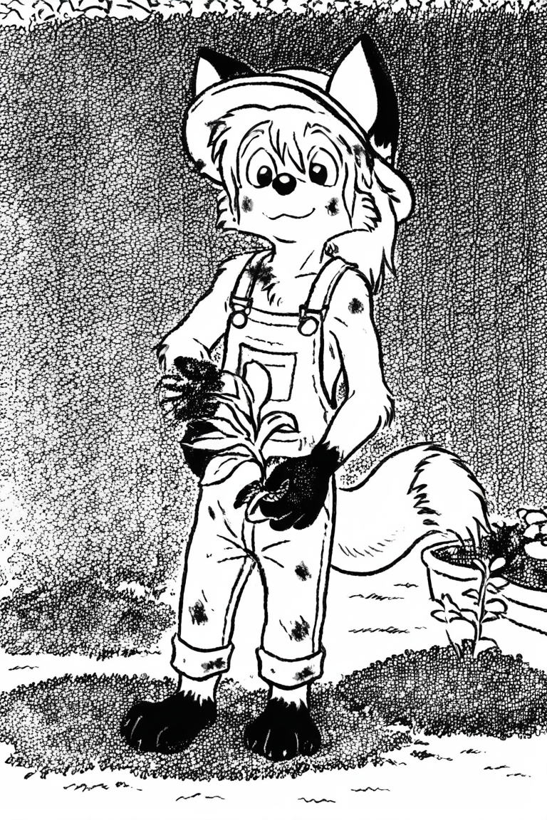 gargen, gardening, dirty, overalls, summer hat, 
solo, dwarf, fox, black eyes, spiked tuft, hair tuft, ponytail, big hair, pointy nose, black nose, black paws, black and white, white background,
<lora:Millie_from_Ozy_and_Millie_90_style:0.9>