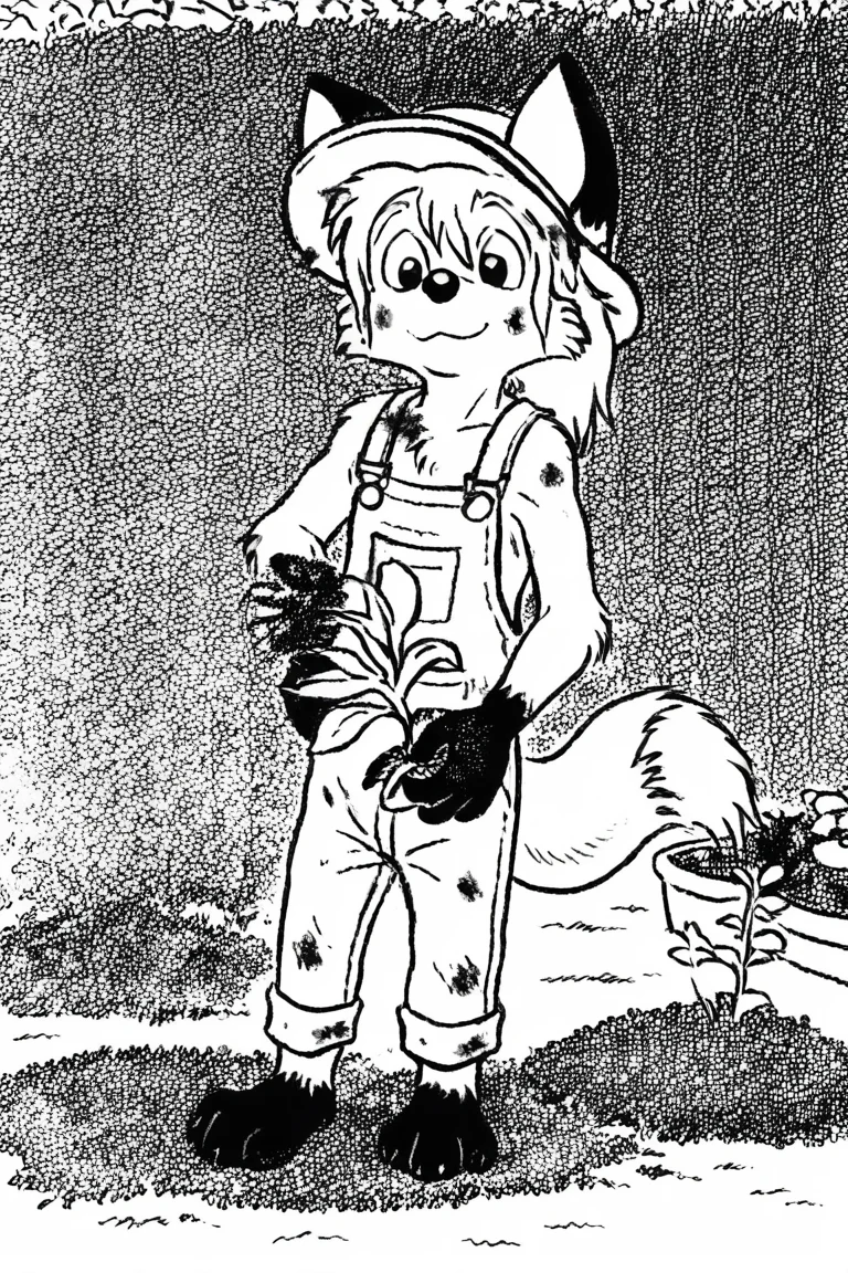 gargen, gardening, dirty, overalls, summer hat,
solo, dwarf, fox, black eyes, spiked tuft, hair tuft, ponytail, big hair, pointy nose, black nose, black paws, black and white, white background,
<lora:Millie_from_Ozy_and_Millie_90_style:0.9>