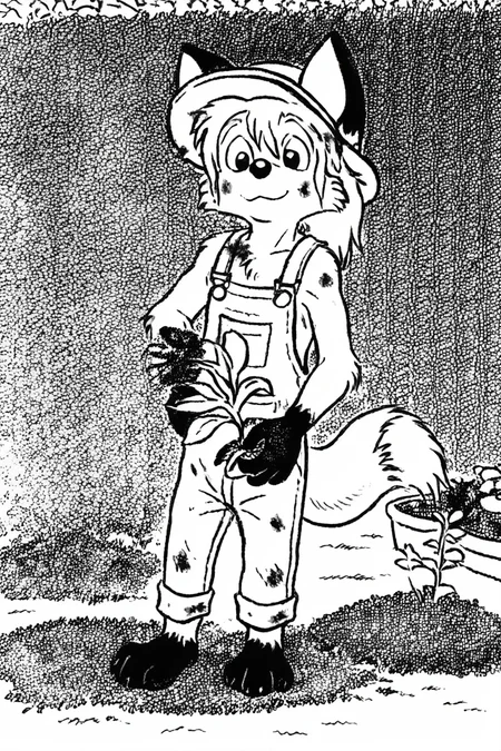gargen, gardening, dirty, overalls, summer hat,
solo, dwarf, fox, black eyes, spiked tuft, hair tuft, ponytail, big hair, pointy nose, black nose, black paws, black and white, white background,
<lora:Millie_from_Ozy_and_Millie_90_style:0.9>