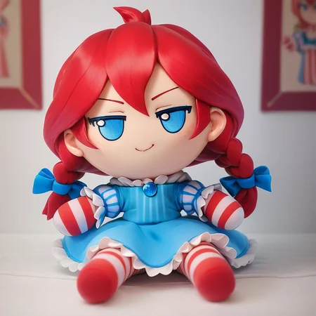 score_9, score_8_up, score_7_up, fumo \(doll\), chibi, solo, 1girl, wendy \(wendy's\), smirk, closed mouth, sitting, red hair, twin braids, blue eyes, blue dress, striped sleeves, striped thighhighs <lora:style_toyfumo_ponyXL-000006:1>