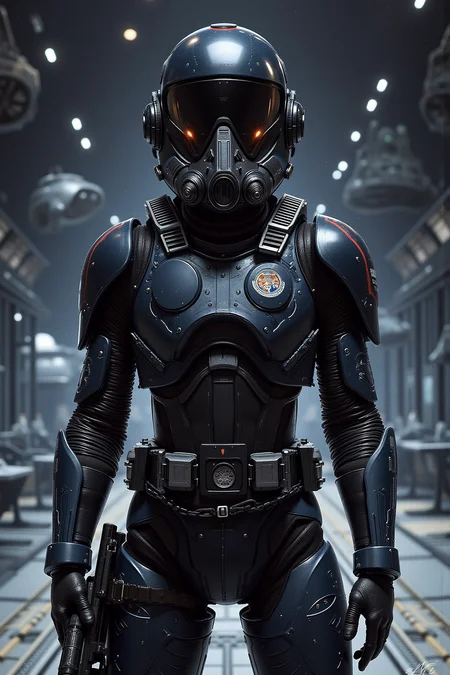 art, breathtaking detailed, masterpiece, awe-inspiring, radiant, magnificent. stunning, A painted composition by Aleksi Briclot that blends realism with a touch of the fantastical, A oil painting, A striking artwork of a TIE Fighter pilot from Star Wars, standing in the dimly lit hangar of an Imperial starship. The pilot is clad in full black armor with a polished helmet that has a large, reflective visor obscuring the face, giving an intimidating, faceless appearance. The helmet is adorned with the Imperial insignia and breathing tubes connected to the chest plate, emphasizing the life-support system needed for space combat. The pilot's stance is rigid and disciplined, holding a blaster at their side, ready for duty. The background shows rows of TIE Fighters, some suspended from racks and others being prepared for launch, with the cold, metallic environment of the hangar illuminated by stark white lights. The scene captures the militaristic, ominous presence of the Empire, with the TIE Fighter pilot embodying loyalty and cold precision., dynamic scene, cinematic angle, action pose, bright colors, bold outlines, ink art, line art