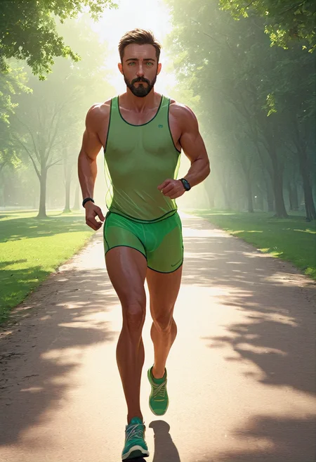 digital painting, <lora:SMUXL_alpha_single:1>, smusmu, green sheer see-through singlet, 1 muscular man, outdoors, running marathon in park trail, full body, stubble beard, short hair,, (masterpiece, high quality:1.1), (highly intricate details:1.1), (best quality:1.1) (8K, UHD:1.1), smoky air, backlight, backlit, high contrast