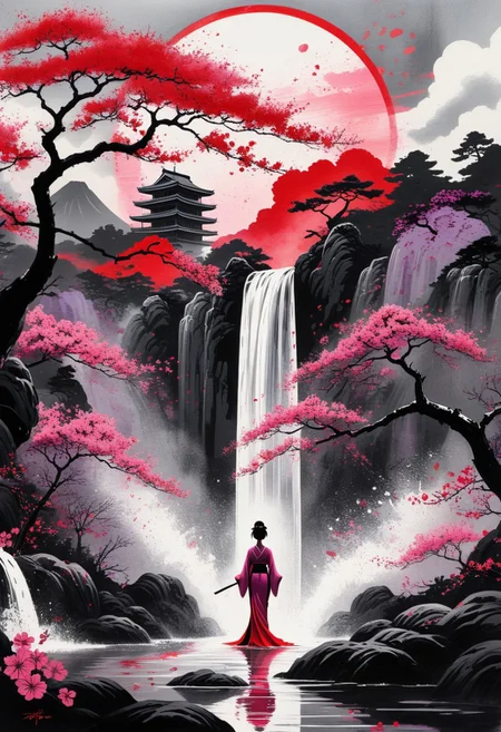 Silhouette of a woman, in love and sexy, amidst a vibrant, stylized landscape. Large, crimson sunbeams dominate the upper part. Waterfall on the side. contrasted with black and gray ink washes reminiscent of a traditional Japanese ink painting style. The woman is depicted in a traditional Japanese dress. Stylized water surface covered with white, pink and black splashes. A large stylized tree with pink flowers dominates the middle ground, its branches stretching towards the sun. The color palette consists of intense red, purple, deep black, gray and hints of white. The overall atmosphere is calm, profound and imbued with Japanese cultural aesthetics. Splash and stain art style,
perfection style, vivid colors, colorful, vivid background, holographic, building, sky, sciencefiction, ImaginaryCityScapes, midjourneyv6.1