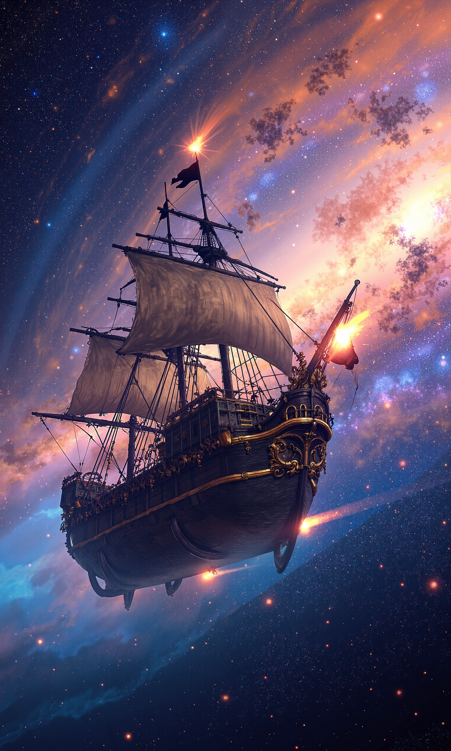 A stocky Dutch spaceship, reminiscent of 17th-century vessels, majestically navigates through the cosmos, set against a vibrant, starry galaxy and a swirling high wall of nebula wave in the background, as if inspired by the cinematic grandeur of Stephen Spielberg. The painting is in the style of umesky<lora:ume_sky_v2.safetensors:0.8:0.8>