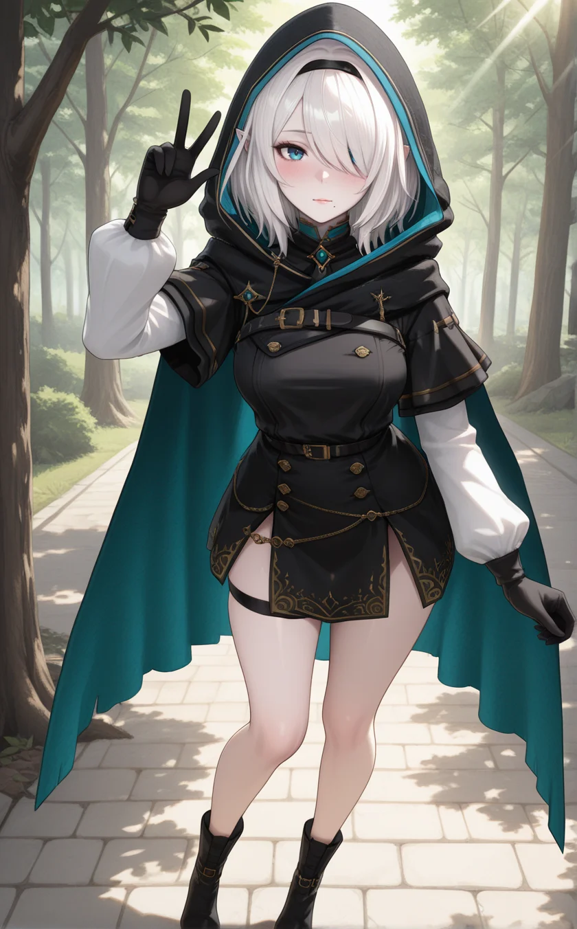 1girl,w1zsher1r1ny,solo, blue eyes, pointy ears,white hair,pale skin,medium breasts,medium hair, hair over one eye, mole under mouth,lips, long sleeves, belt, cloak, black cloak, hooded cloak, medium hair,thigh strap, brooch, black hairband, hooded cape, black gloves, buttons, dress, cape, black cape, jewelry, hood up,outdoors,tree,looking at viewer,sunlight,, ,,blush ,arm_up,v sign ,,,full body, boots ,, best quality,masterpiece,sensitive,   <lora:WizardryShelirionachNoobAI:1>