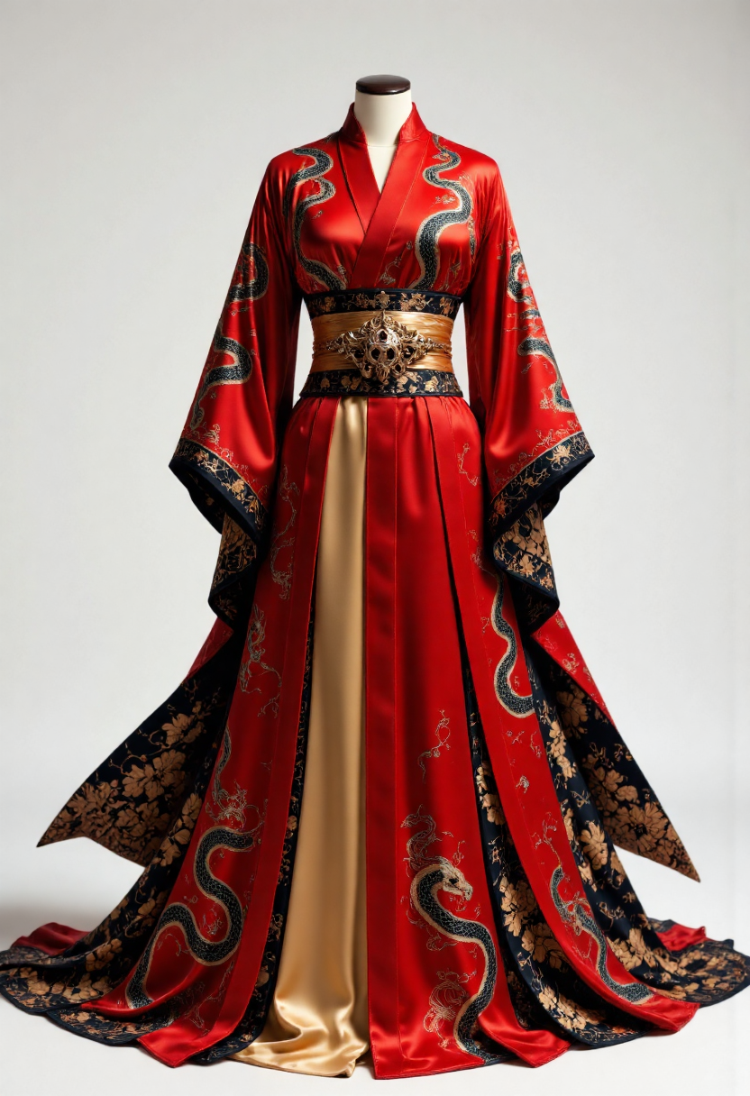 A full-body view of a crimson snake hanfu with silver snakes displayed against a clean, plain background. The waist is cinched with a wide silk belt in a muted gold, adorned with an ornate clasp shaped like a serpent's head, detailed with gemstone eyes. The collar and sleeve cuffs are embellished with fine brocade patterns, incorporating traditional Chinese cloud motifs in black and silver. The clean background emphasizes the dramatic color contrast and the intricate textures, highlighting the elegance and striking craftsmanship of the attire.<lora:00-test/SnakeHanfu-000037.safetensors:1.0:1.0> <lora:CustomFlux/MysticRealism.safetensors:0.5:0.5>