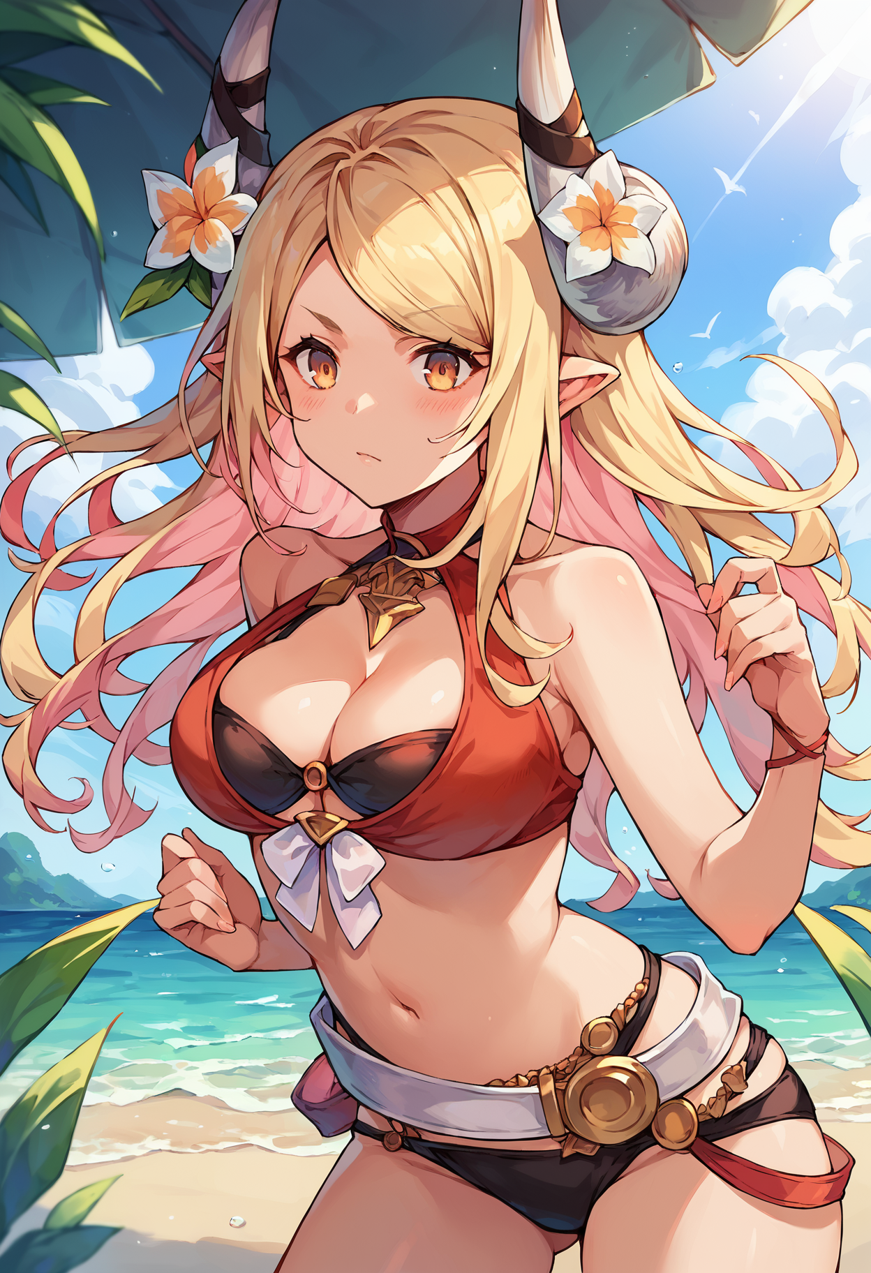 score_9, score_8_up, score_7_up, uncensored, source_anime, 1girl, <lora:spgbfKumbhiraXLPony-000003:1> kumbhirasu, horn ribbon, hair flower, black bikini, layered bikini, cleavage, belt, bare arms