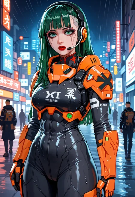 score_9, score_8_up, score_7_up, best quality, celestial guard:1.2, masterpiece, cyberpunk goth girl, long hair, himecut, flashy green hair, bangs, dark eyeshadow, orange armour, yu_jing, chinese insignia, chinese ideogram, red lips, headset, orange and black power armour, black bodysuit, assault rifle, on a cyberpunk street at night, neon signs, heavy rain, wet, wet hair, wet skin, wet clothes, bokeh, vibrant, surreal colours, High Definition HD, High Detail, Perfect Composition, mythp0rt