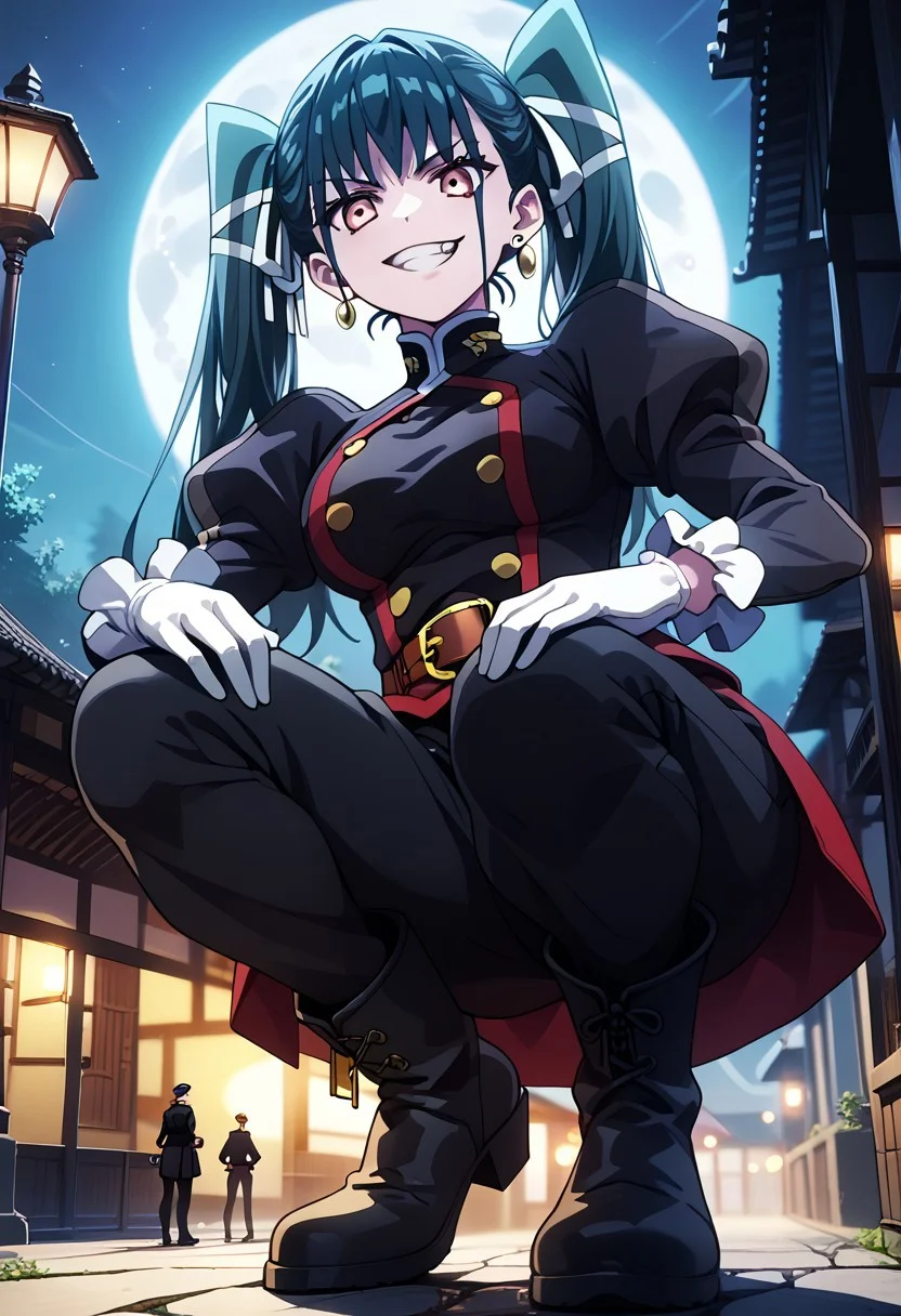 score_9,score_8_up,score_7_up,source_anime,YACHIHO_AZUMA,1girl,solo,breasts,looking at viewer,smile,bangs,gloves,long sleeves,ribbon,twintails,jewelry,hair ribbon,earrings,boots,outdoors,teeth,puffy sleeves,belt,pants,white gloves,black footwear,grin,black pants,moon,from below,squatting,juliet sleeves,