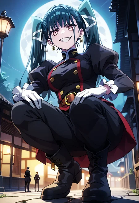 score_9,score_8_up,score_7_up,source_anime,YACHIHO_AZUMA,1girl,solo,breasts,looking at viewer,smile,bangs,gloves,long sleeves,ribbon,twintails,jewelry,hair ribbon,earrings,boots,outdoors,teeth,puffy sleeves,belt,pants,white gloves,black footwear,grin,black pants,moon,from below,squatting,juliet sleeves,