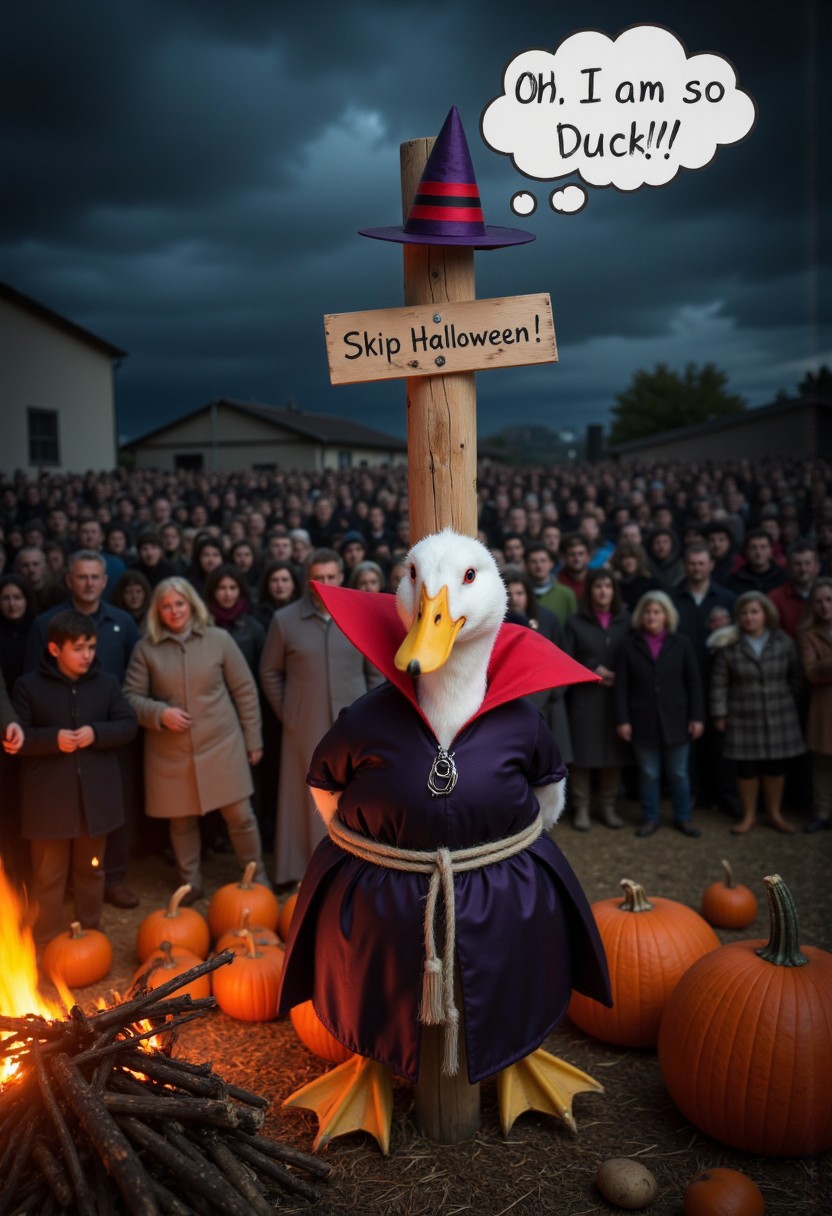 ensure there were a crowd of farmers surround and circle a duck tied up to a wooden stake to be roasted at night, outdoors, dark dynamic fantasy background, dark magical fantasy background, (very distant view, shot from very distant:1.2), 
BREAK
an adorable and incredibly cute white duck, with the golden beak and claws, wearing a black Dracula robe on the outside and red on the inside, Its Dracula fangs are clearly visible and Its pupils are bright red. Wearing a dark purple witch hat with black and red stripes. Its claws are very sharp. The duck's hands bound behind back. tied with a rope to a burning at the stake with fire starting to burn below and surrounding its lower paws, near the pile of wood that is starting to burn, fire, burning, many pumpkins and potatoes are scattered around it. (On the top of the pole is nailed a wooden sign that says "Skip Halloween!":1.5). (Ensure a thought bubble above duck's head that says "Oh, I am so Duck !":1.5), (ensure the text perfectly correct and accurately written:1.5), aidmatextimprover, handwritinglora,
BREAK
masterpiece, best quality, ultra-detailed, ultra realistic, 8k, RAW photo, perfect composition, perfect colors, colorful, clear photo, surreal, incredible lifelike, highest resolution, uncanny realism, immaculate micro-details, professional photography, shot on Canon EOS 5D VI, Fujicolor Pro, radiant god rays, dreamy haze, Photographers collaboration by Oleg Oprisco and Tim Walker, view from very distant,