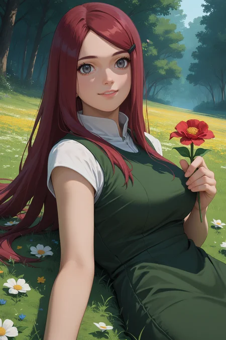 score_9, score_8_up, score_7_up, score_6_up, source_anime, 1girl, solo, <lora:kushina-pdxl-nvwls-v1-000004:1> kshna, red hair, long hair, grey eyes, hairclip, white shirt, green dress, sleeveless, long dress, forest, from side, big breasts, lying on back, grass, field, flowers, looking at you, light smile, holding flower