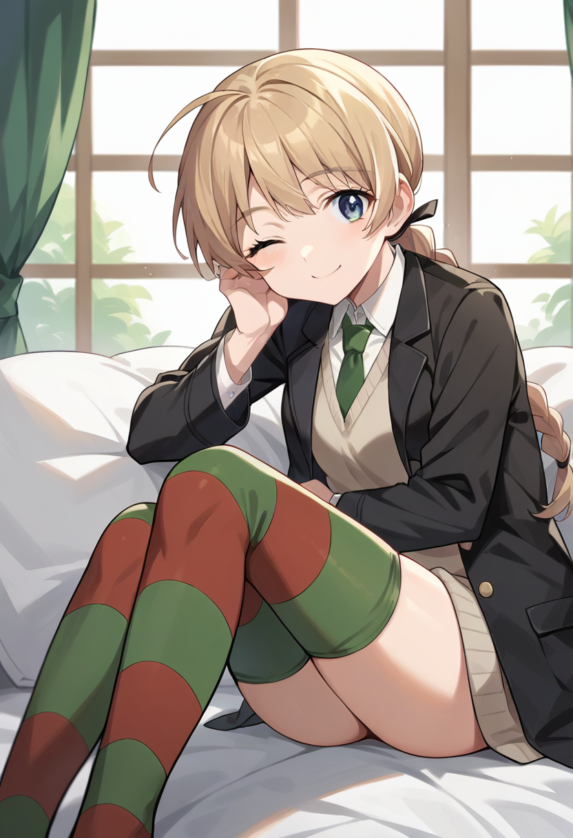 score_9, score_8_up, score_7_up, source_anime, 1girl, masterpiece, ctianly, ochre hair, black jacket, sweater vest, smile, looking at viewer, green necktie, dress shirt, striped thighhighs, sitting, indoors, one eye closed, <lora:LynetteBishop_PONY_ct:0.8>
