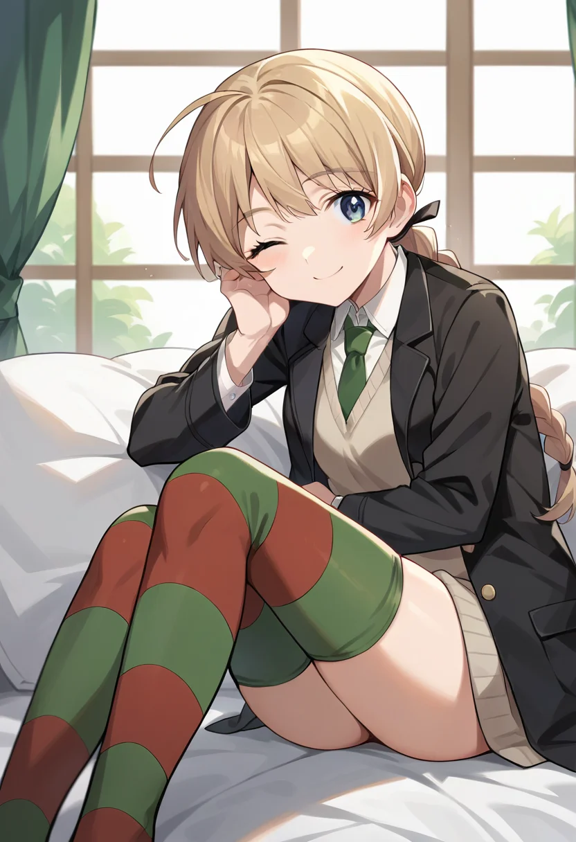 score_9, score_8_up, score_7_up, source_anime, 1girl, masterpiece, ctianly, ochre hair, black jacket, sweater vest, smile, looking at viewer, green necktie, dress shirt, striped thighhighs, sitting, indoors, one eye closed, <lora:LynetteBishop_PONY_ct:0.8>