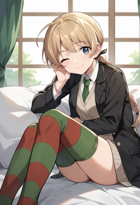 score_9, score_8_up, score_7_up, source_anime, 1girl, masterpiece, ctianly, ochre hair, black jacket, sweater vest, smile, looking at viewer, green necktie, dress shirt, striped thighhighs, sitting, indoors, one eye closed, <lora:LynetteBishop_PONY_ct:0.8>
