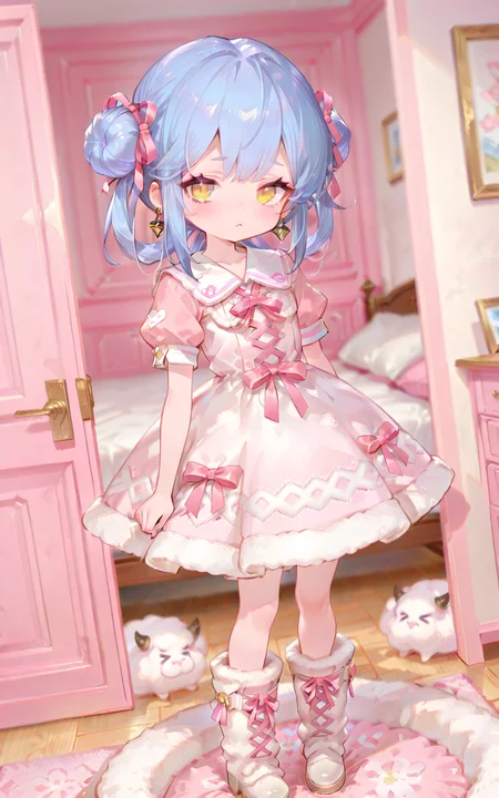 masterpiece, best quality, good quality, very aesthetic, absurdres, newest, extremely detailed, amazing quality, usnr, 748cmstyle, 1girl, blue hair, medium length hair, hair buns, ribbons, hair clips, small earrings, yellow eyes, pink wool short sleeve top, white wool cross-laced dress, long wool dress, wool boots, pink accents, standing, bedroom, fullshot, depth of field, dutch angle, high contrast, cute, chibi  <lora:748cmSDXL:0.7> <lora:ponyv6_noobV1_2_adamW-000017:0.4> <lora:granblue-noob:0.7> <lora:USNR STYLE_XL_lokr:0.8> <lora:maplestory-000011prodigy:1>